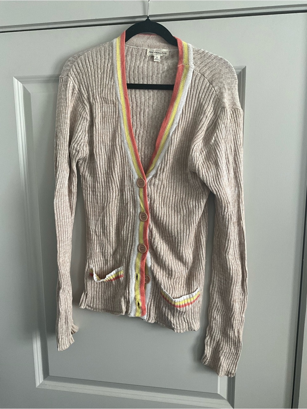 Poof Excellence Cream Ribbed Cardigan with Pink, Yellow & Orange Trim